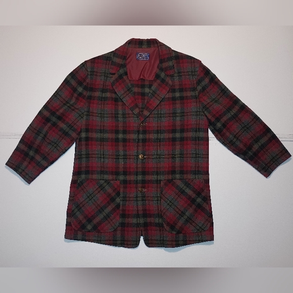 VTG Pendleton Men's Medium Red Black Green 100% Wool Plaid Jacket Blazer Vintage - Picture 1 of 5